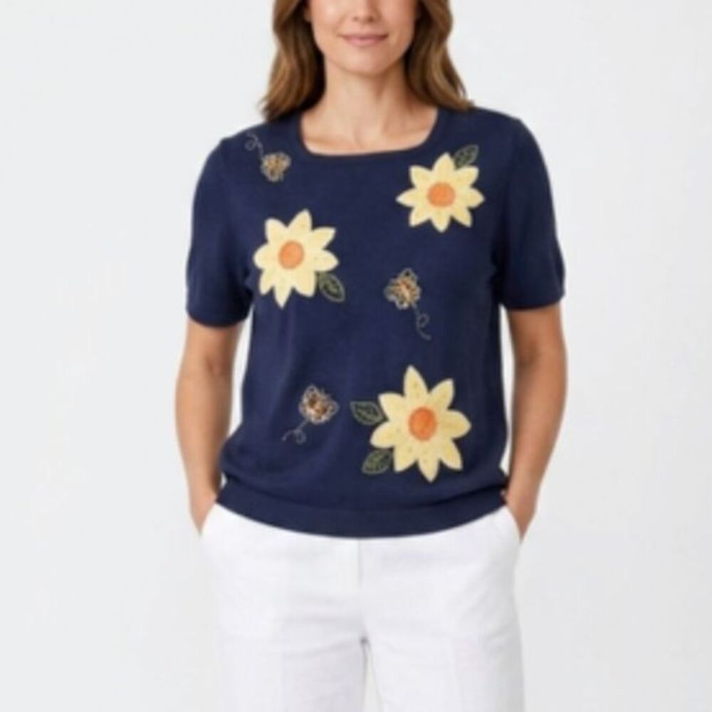 VTG NWOT Alfred Dunner Women's Navy Yellow Sunflower Embellished SS Sweater XL